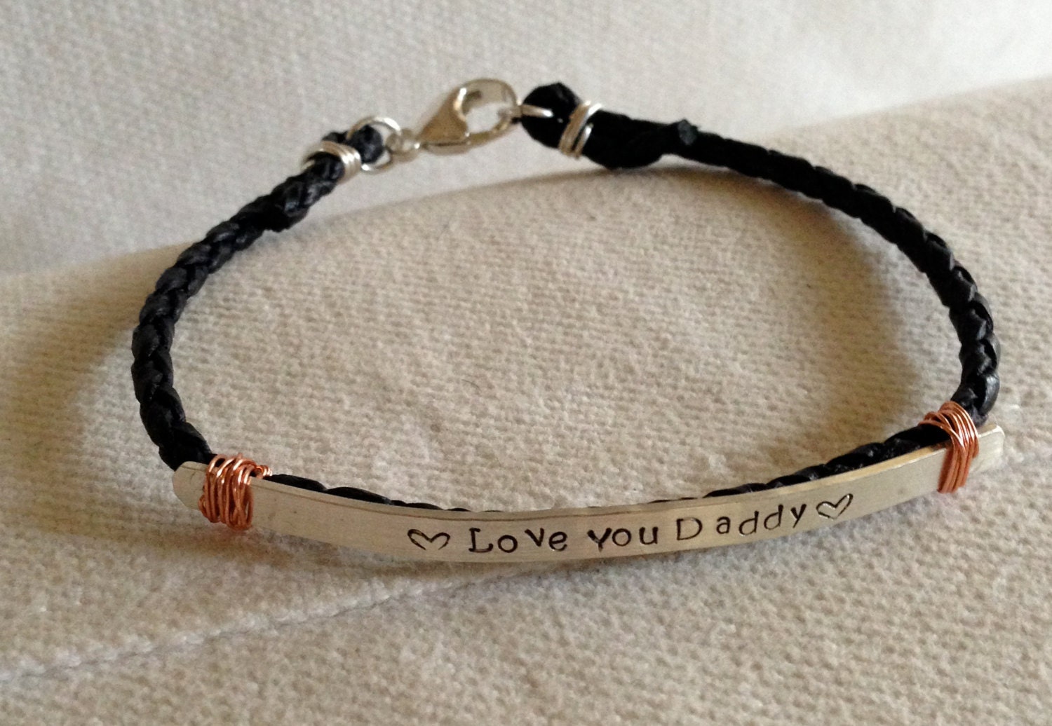 Men's Custom Single Band Silver Braided Leather Bracelet. LOBSTER CLAW Closure. Secret Message.  Rustic. The Bleu Giraffe.Reclaimed Silver.