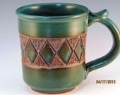 Mug With Green Glaze And Diamonds Carved In The Center,  Ready To Ship