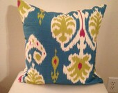 Turquoise, Hot Pink and Lime Green Ikat 18 x 18 Designer Pillow Cover - Decorative Throw Pillow