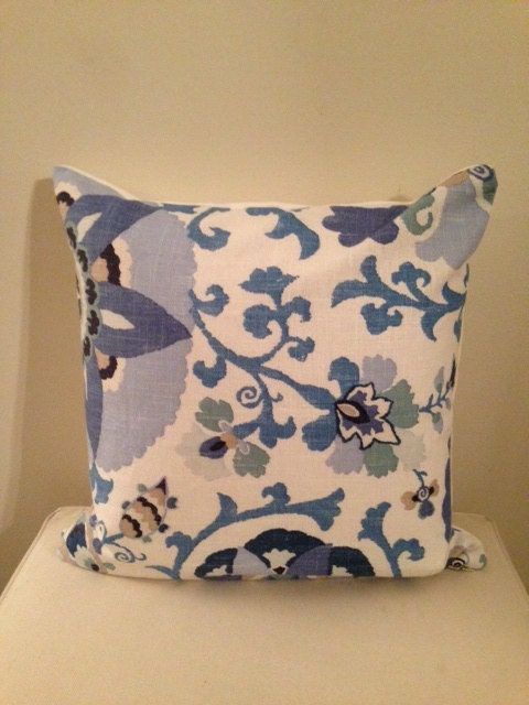 Multicolor Blue and Off White Suzani Print  18 x18  Designer Pillow Cover - Decorative Throw Pillow (other sizes available)