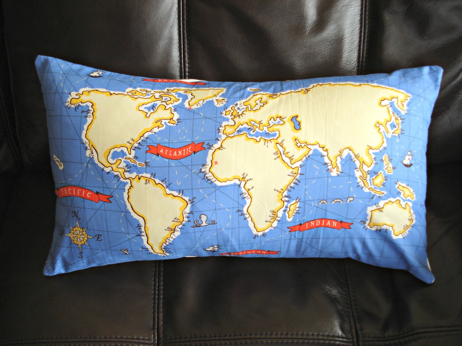 Lumbar Pillow World map 18 x 12 inch blue yellow UK Europe America Canada Africa Italy Australia New Zealand Asia