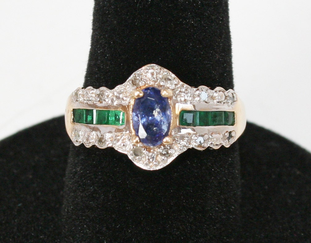 Vintage Emerald Sapphire Diamond 10k Ring