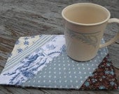 Mug Rug, Snack Mat, Table Quilt, Folk Art, called EASY CHAIR, Diagonal Stripe Pieced, Toile, One of A Kind, Original Design