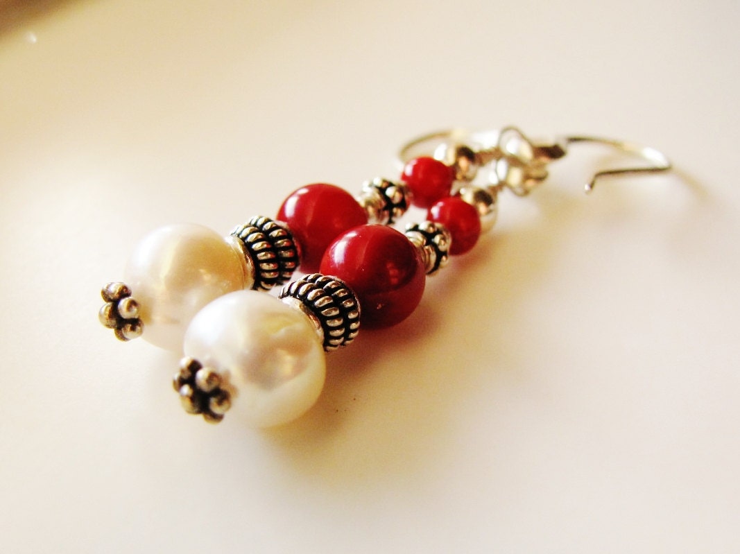 Earrings Red coral White pearl bali beaded fine silver dangles
