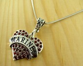 MARINES RHINESTONE HEART Pendant on .925 Silver Chain Necklace