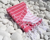 Turkishtowel-NEW,MARINE Design,Turkish Fouta,Peshtemal-Bath,Beach Towel or Sarong-White and Coral Stripes