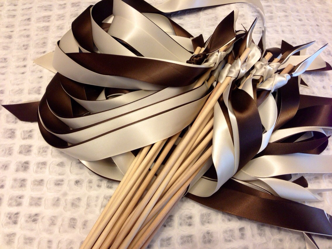 Tie the Knot - Satin Wedding Ribbon Wands - Custom Colors - Pack of 50 - Shown in Brown and Ivory
