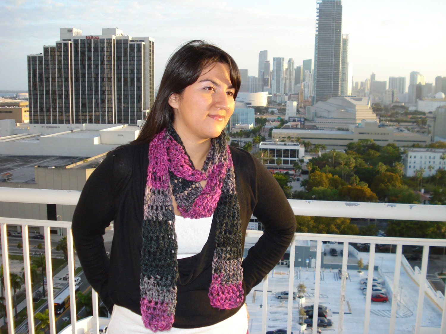 Funky Handmade Crochet Scarf Pink/Black/Gray Mix