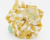 Yellow Gingham Ribbon Rose Hair Clip, Woman's Hair Accessory, with Mini Butterfly, Upcycled, Clip Back