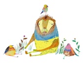 illustration, digital art print, kids print. Lion and Birds.