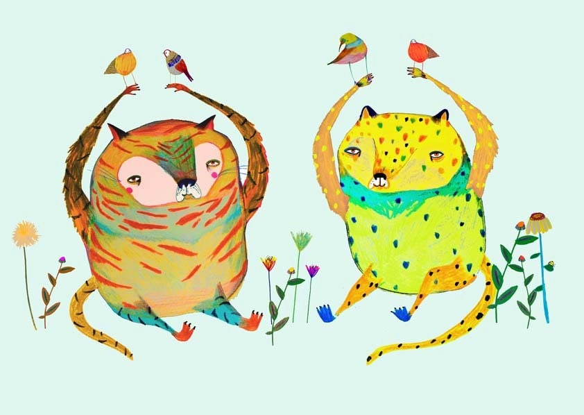 Kids Wall Art. Leopard and Tiger with Birds. Wall Art Prints By Ashley Percival.