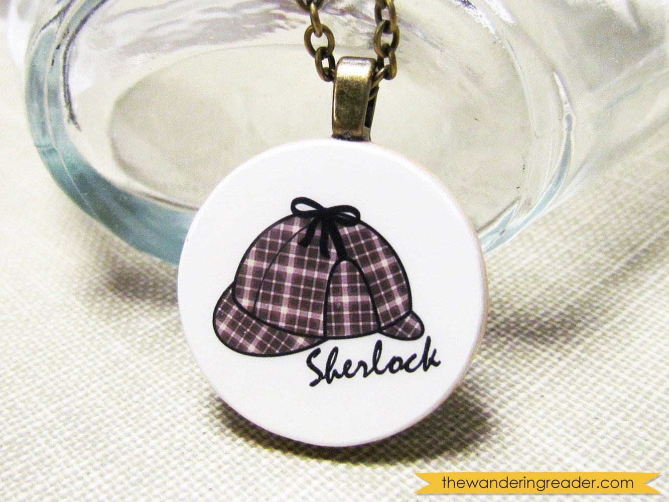 Sherlock Necklace with Iconic Sherlock Holmes Deerstalker Cap Illustration - Literary Jewelry