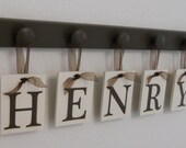 Personalized Kids Name Signs, Custom Baby Boy Nursery Decor Set Includes 5 Wooden Pegs with Ribbon Letters for HENRY