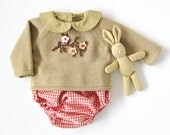 Knitted sweater with diaper cover in camel and red. 100% wool. READY TO SHIP in size newborn.