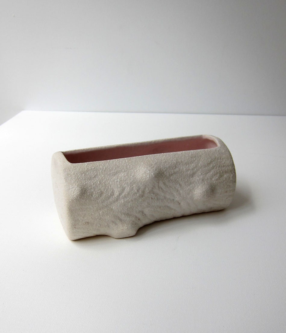 Vintage 1940s 1950s Raynham textured white log ceramic vase planter