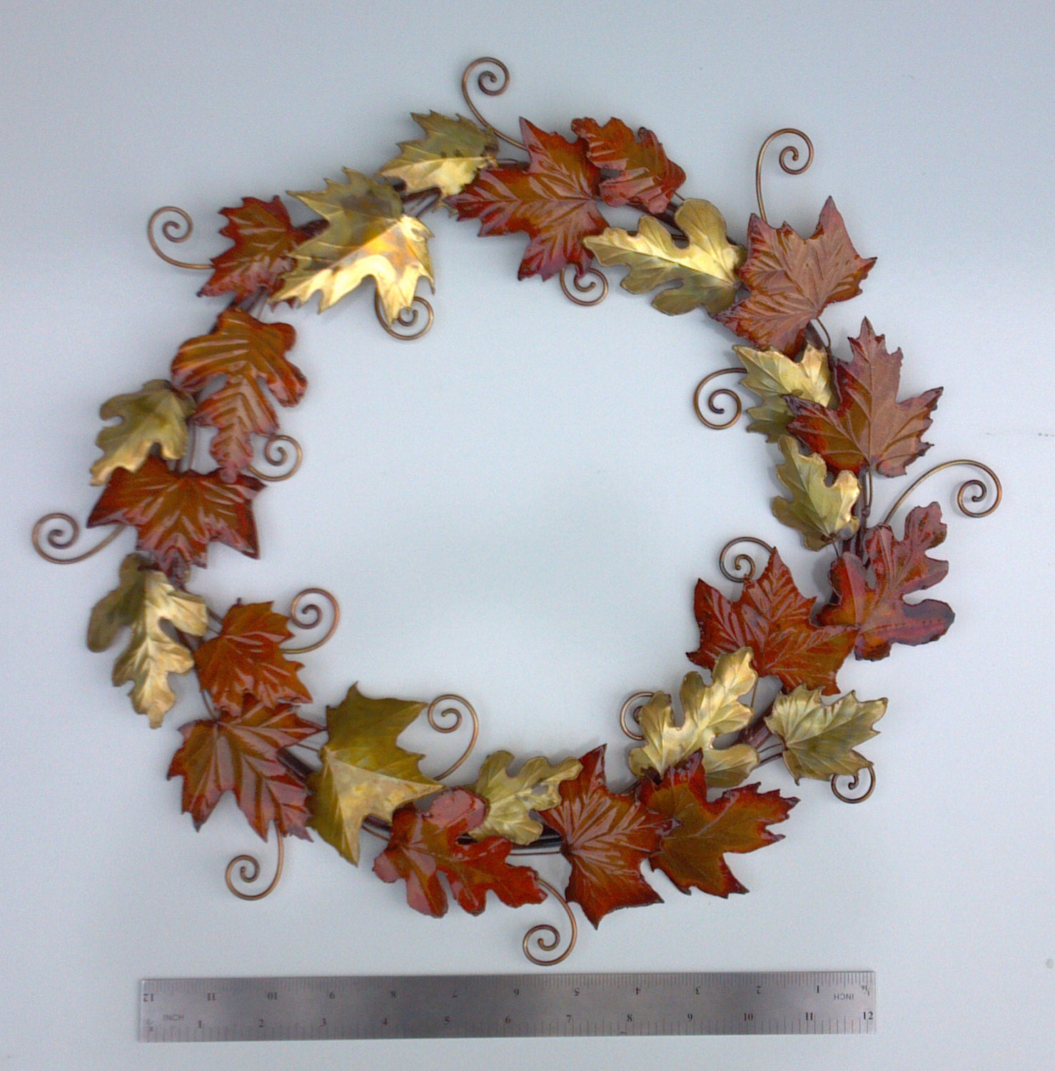 Copper and Brass Autumn Wreath 61:maple leaves,oak leaves,metal wreaths,metal art,copper art,home decor,metal sculpture