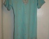 Vintage womens girls ethnic boho bohemian blue embroidered festival dress tunic blouse