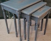 Antique Primitive Country Heavy Distressed Chippy Gray Putty Mud Milk Painted Nesting Side Accent Table Tables (MLD) Ships FedEx