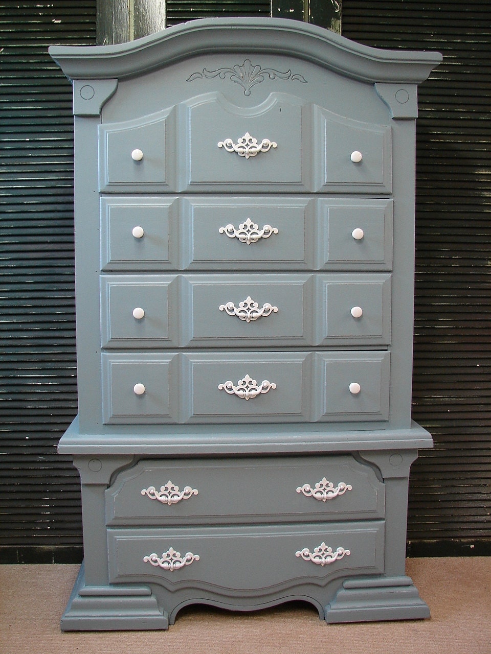 Reclaimed Vintage 60s Van Courtland Pewter Blue Paint 6 Dr Chest of Drawers Highboy Dresser w White Hardware (HAI) Call for ship quote
