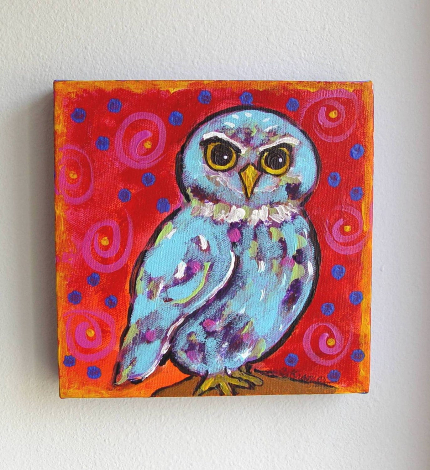Original Acrylic Blue OWL PAINTING  - Boy Girl Children's Room Nursery - Funky ART - Ready to hang