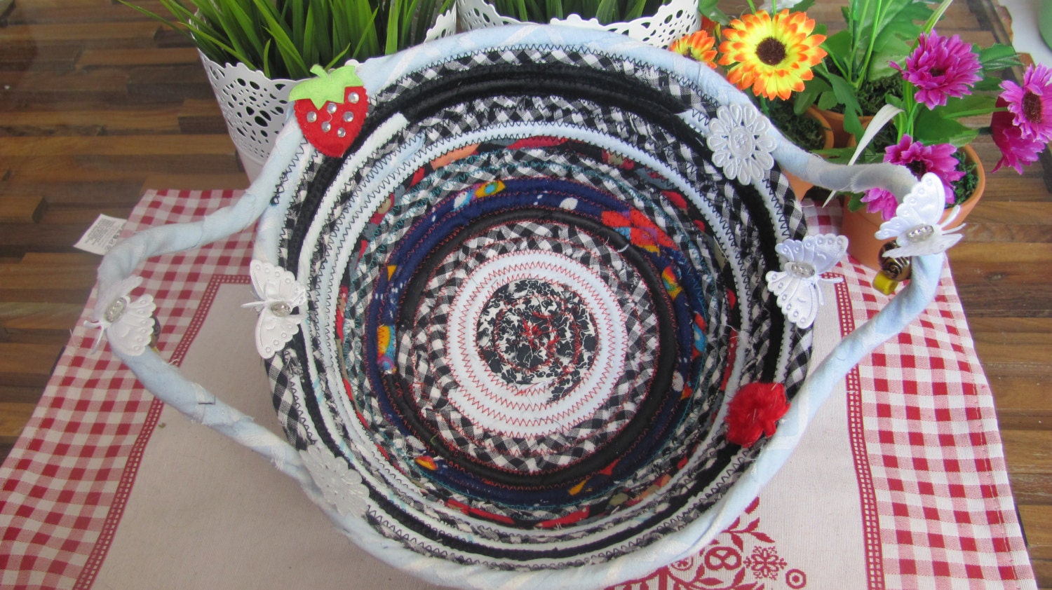 A HANDMADE COILED BASKET cotton fabric-rope quilted basket one of a kind directly from the artist