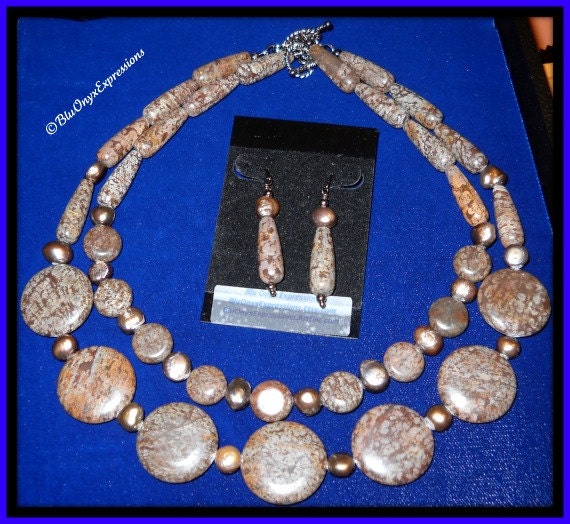 Mocha Stone & Freshwater Pearl Beaded Necklace and Earring 3 Pc Set, Jewelry, Necklace, Earrings, Mother's Day, Spring Celebrations