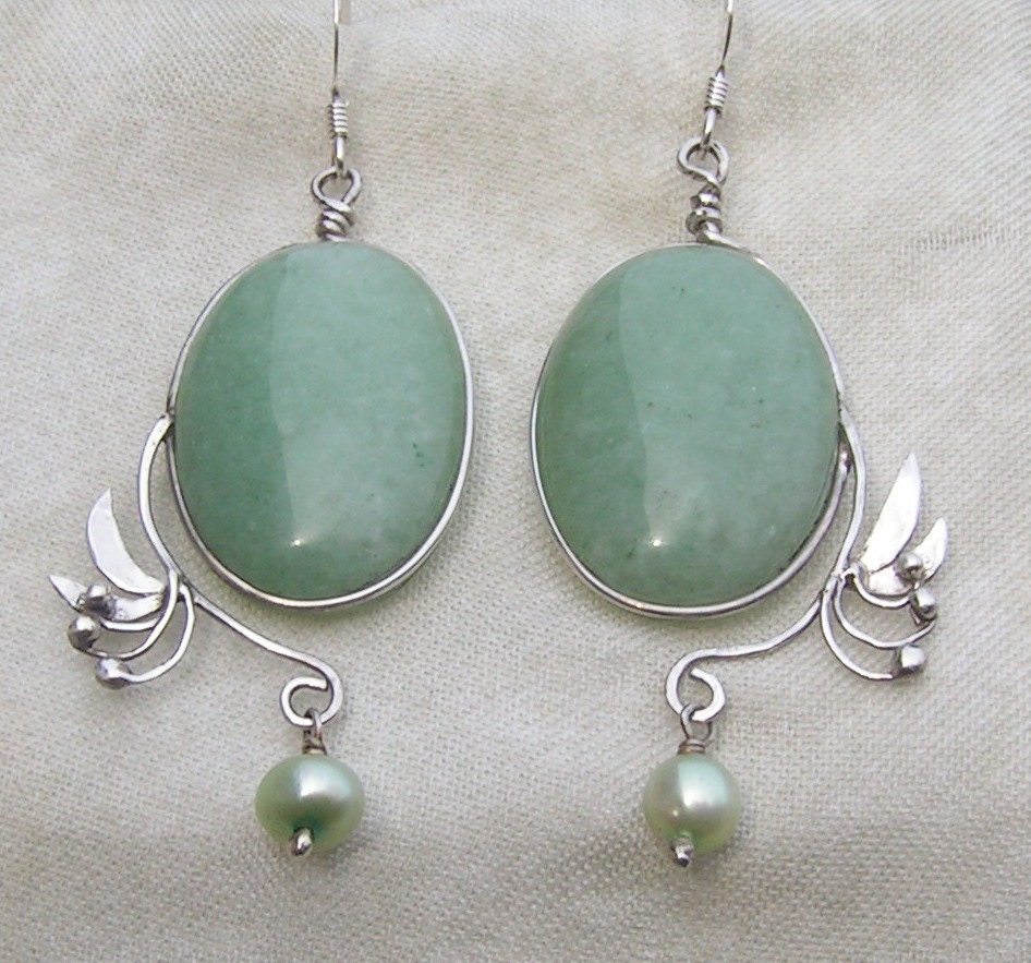 Sterling silver green jade aventurine earrings, green pearl