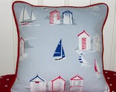 Pillow Cushion Cover 16 x 16 inch Nautical Style Grey Beach Huts Sailing Boats with Red Piping
