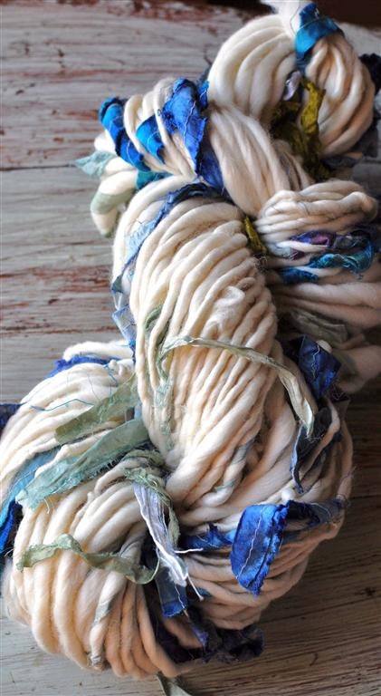 5 Custom Skeins, Handspun Art Yarn, Torn Silk, Natural Wool