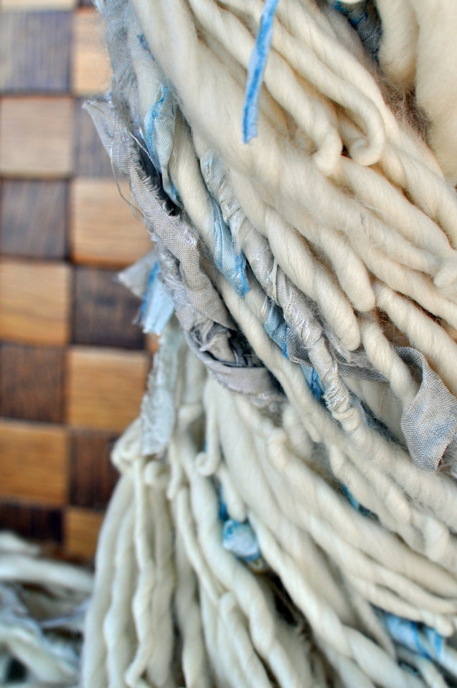 Handspun Yarn, Thick and Thin, Cream Wool, Knitting, Silk Ribbon