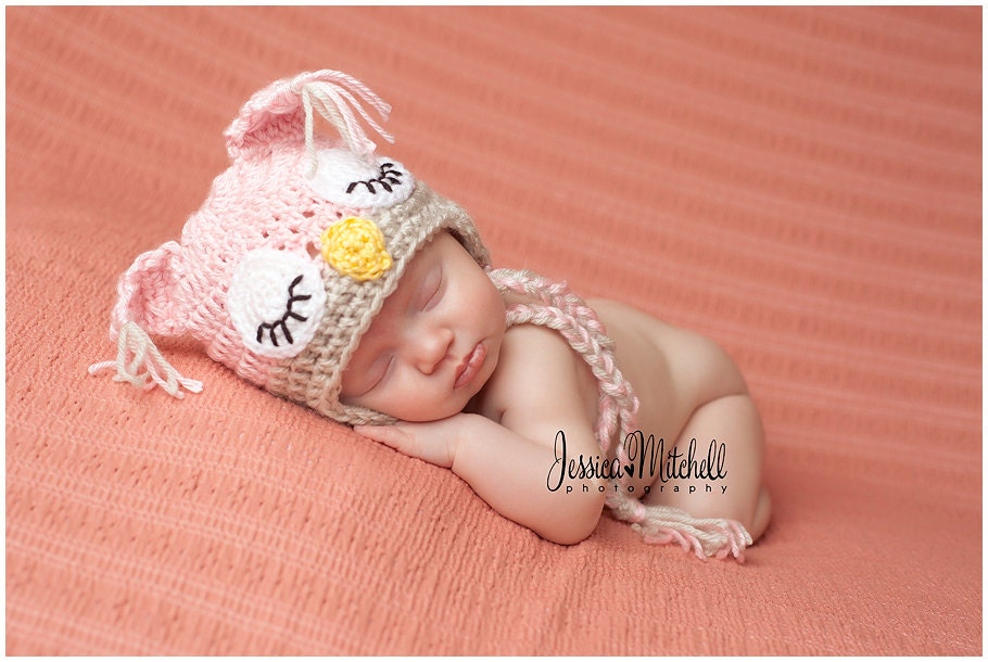 Baby Hat- Baby Owl Hat- Pink and Linen Sleepy Owl Hat