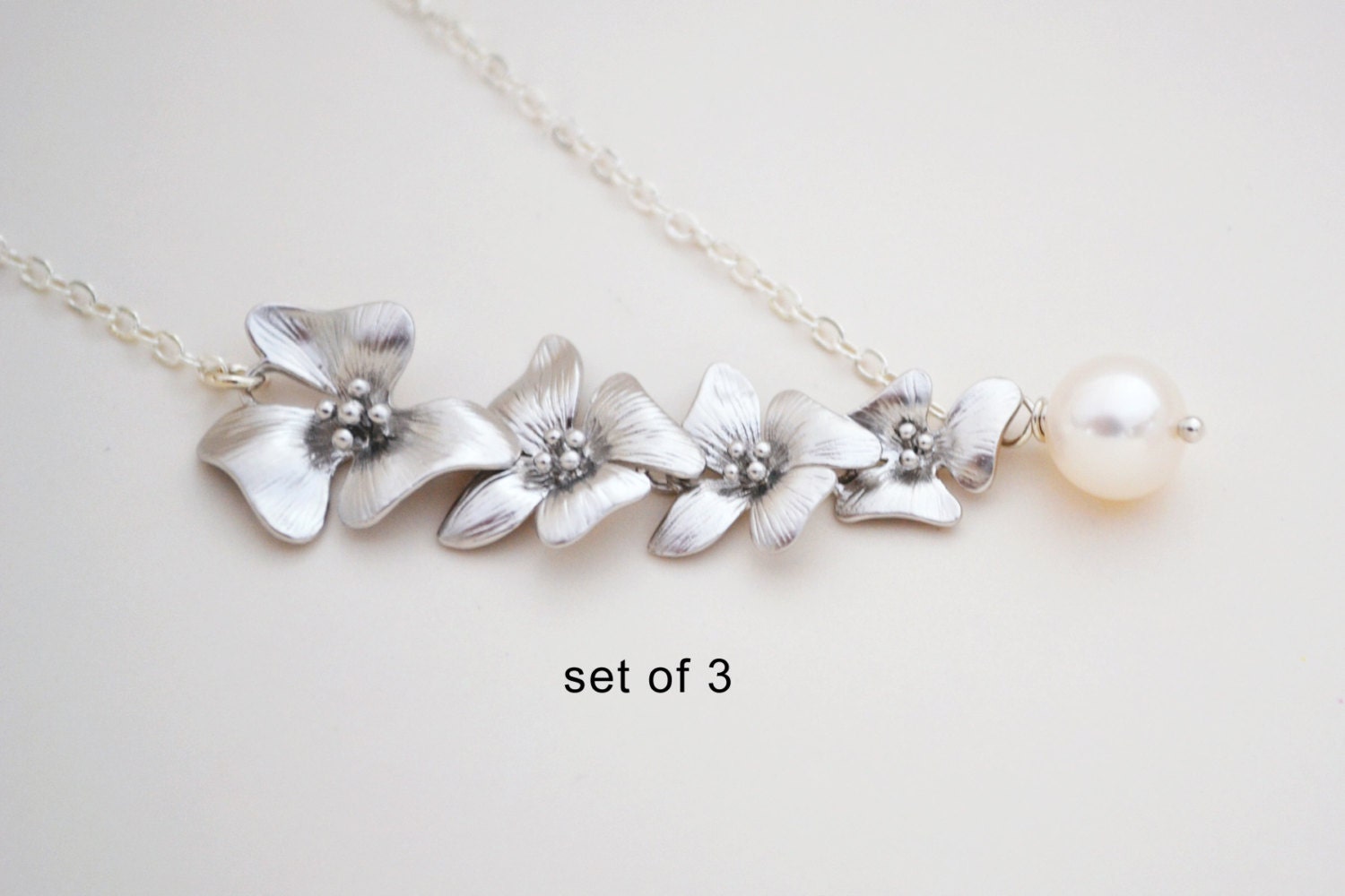 Discounted Set of 3 Silver Cherry Blossom Lariat with Freshwater Pearl, Sterling Silver Chain, Bridesmaid Gift,  Wedding Jewelry