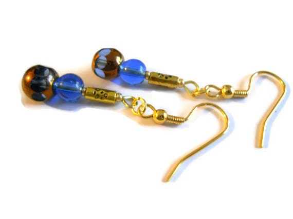Cobalt Sky Blue Earrings Copper Gold Tribal Modern Czech Glass Beaded Jewelry