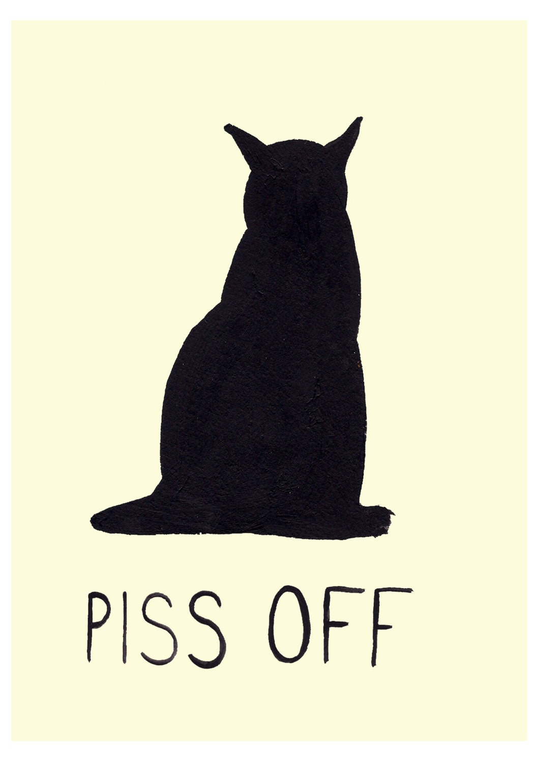 Black Cat says Piss Off Angry Pet Portrait Folk Naive  illustration greeting card