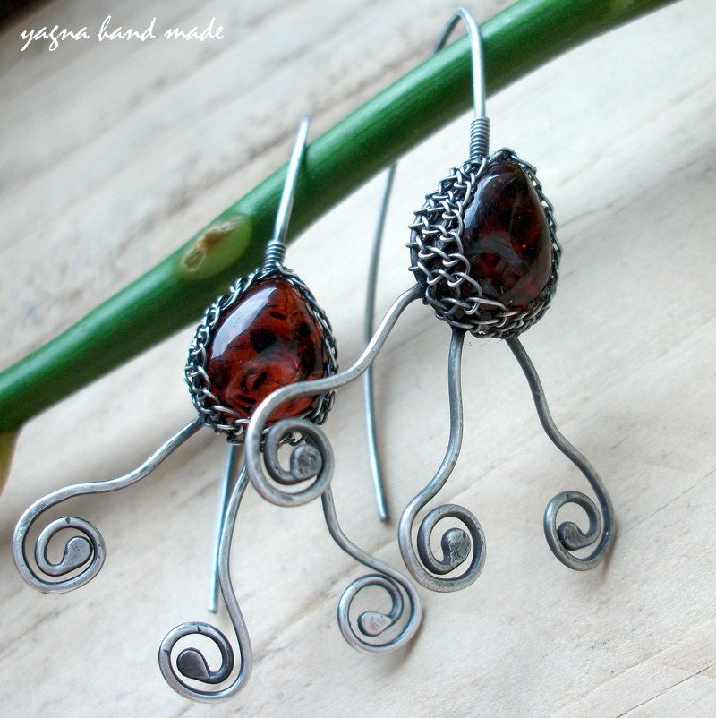Silver Wire Wrapped Metalwork Earrings with Natural Baltic Amber Cabochons. Soldered Earrings, Wirewrapped Earrings.