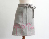 Eco Friendly Cafe Apron - Grey linen half apron with neon pink elderberry