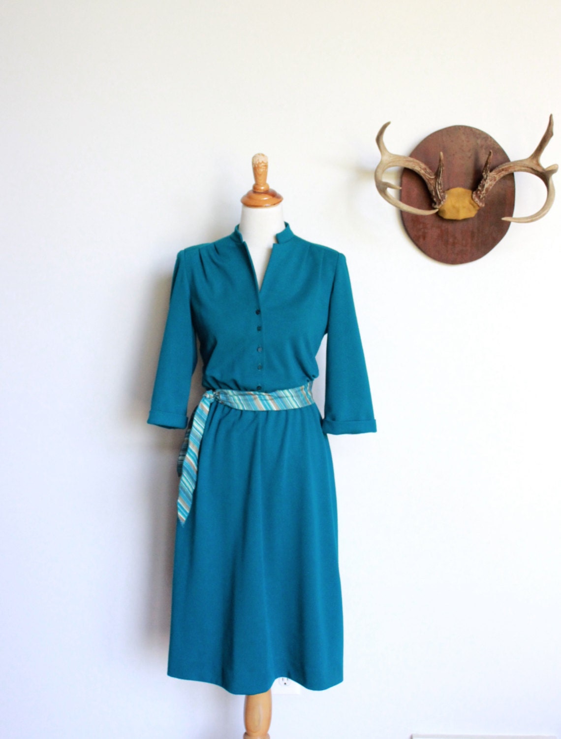 Vintage Shirt Dress in Teal  //  Belted Midi Dress