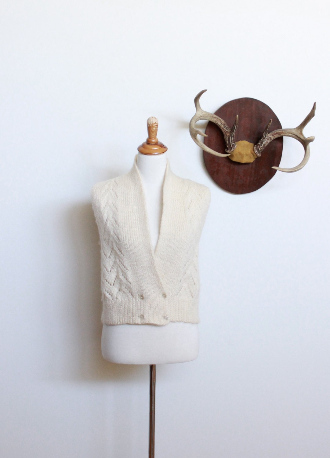 Wool Cardigan Sweater Vest in Cream with Chevron Pattern