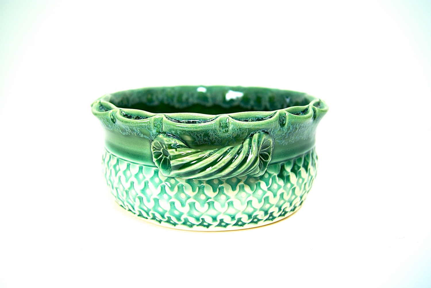 Pottery Baker / Ready to Ship / Scalloped Rim and Textured  in Green and  White