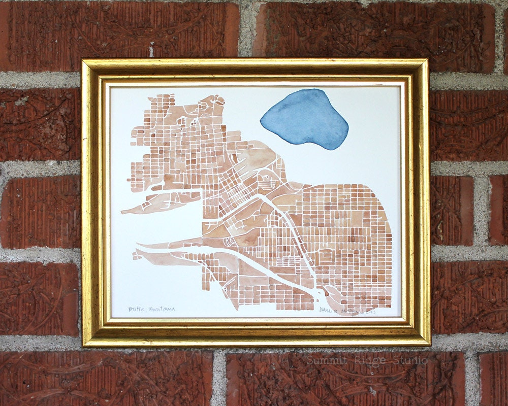 Butte Montana 8x10 watercolor hand painted map in Copper and Indigo