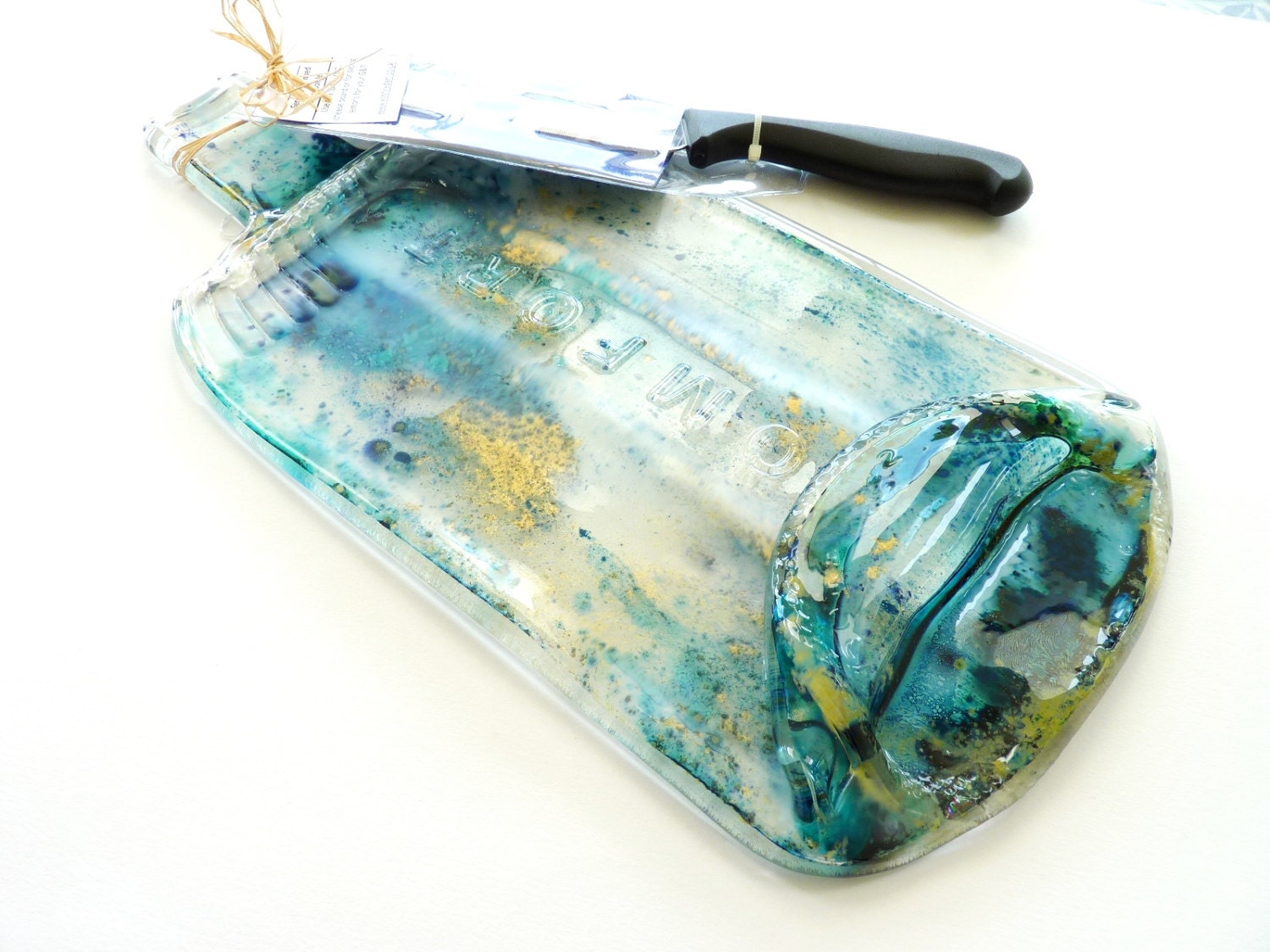 Flat bottle cheeseboard with knife- turquoise, blue, gold