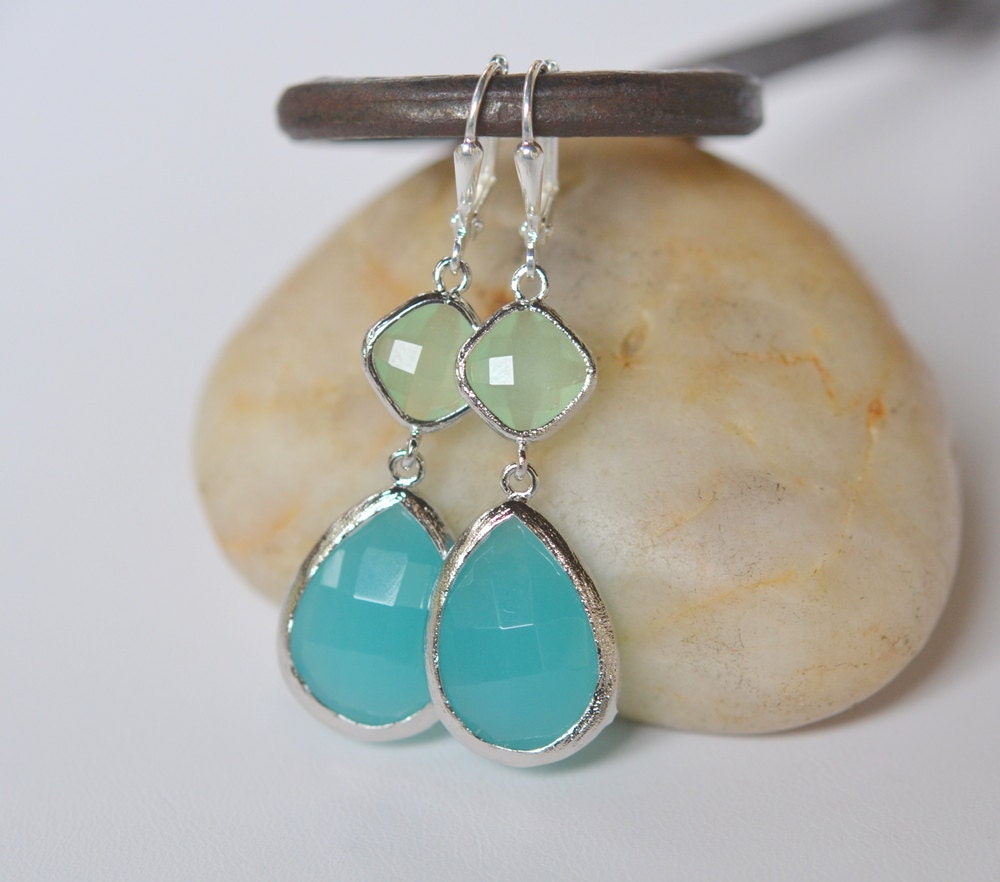 Large Turquoise Teardrop and Mint Diamond Stone Dangle Bridesmaid Earrings in Silver.  Glass Drop Earrings. Turquoise Dangle Earrings.