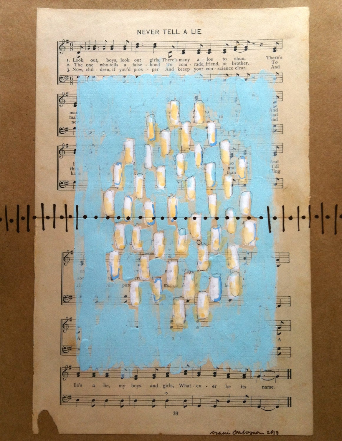 Never Tell a Lie, Original Mixed Media art with vintage sheet music blue white yellow brown