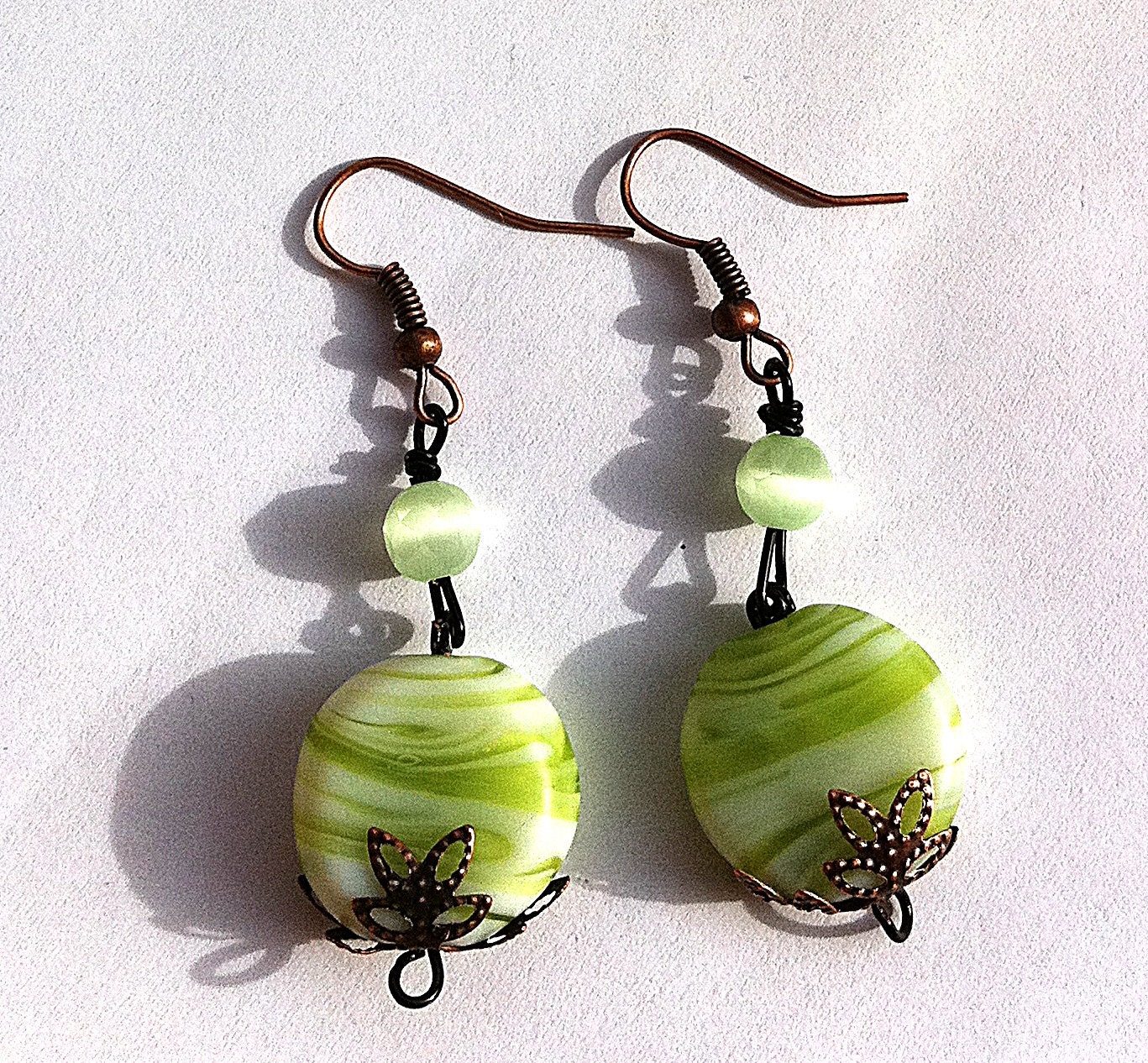 Vintage inspired mint green lampwork swirl discs earrings