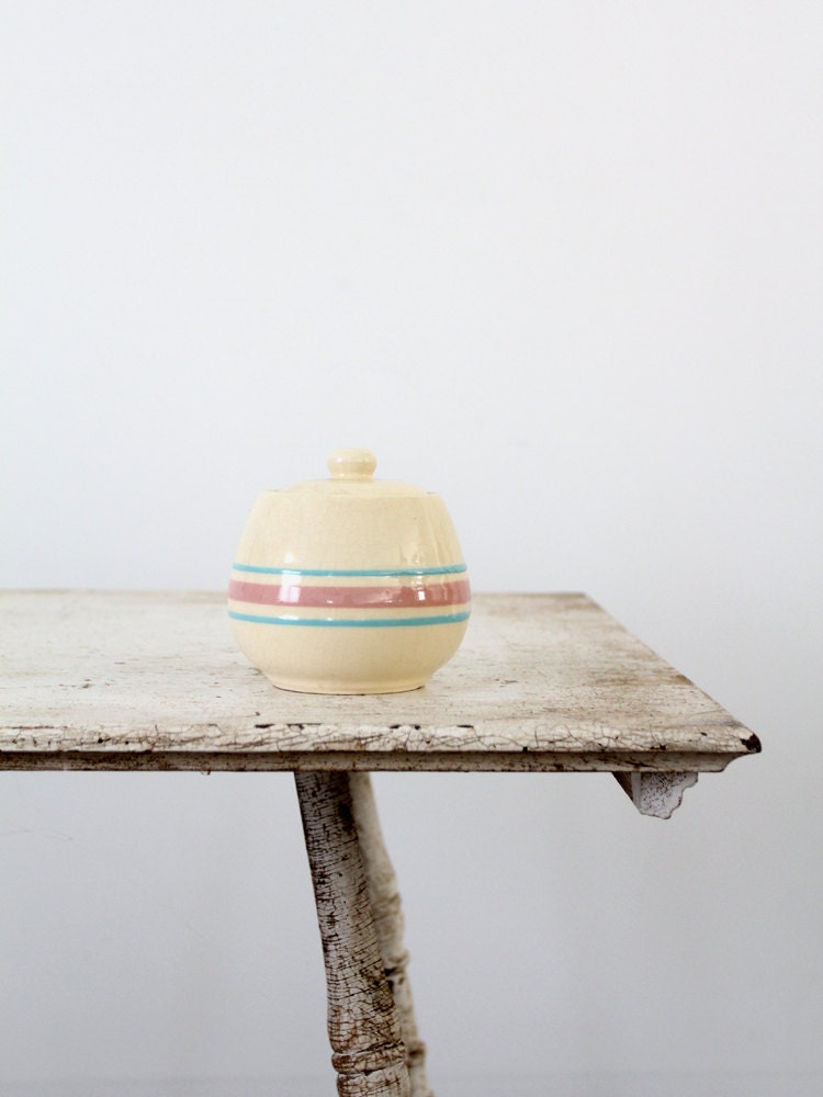 Vintage McCoy Stoneware Jar / Pink & Blue Stripe Sugar Pot