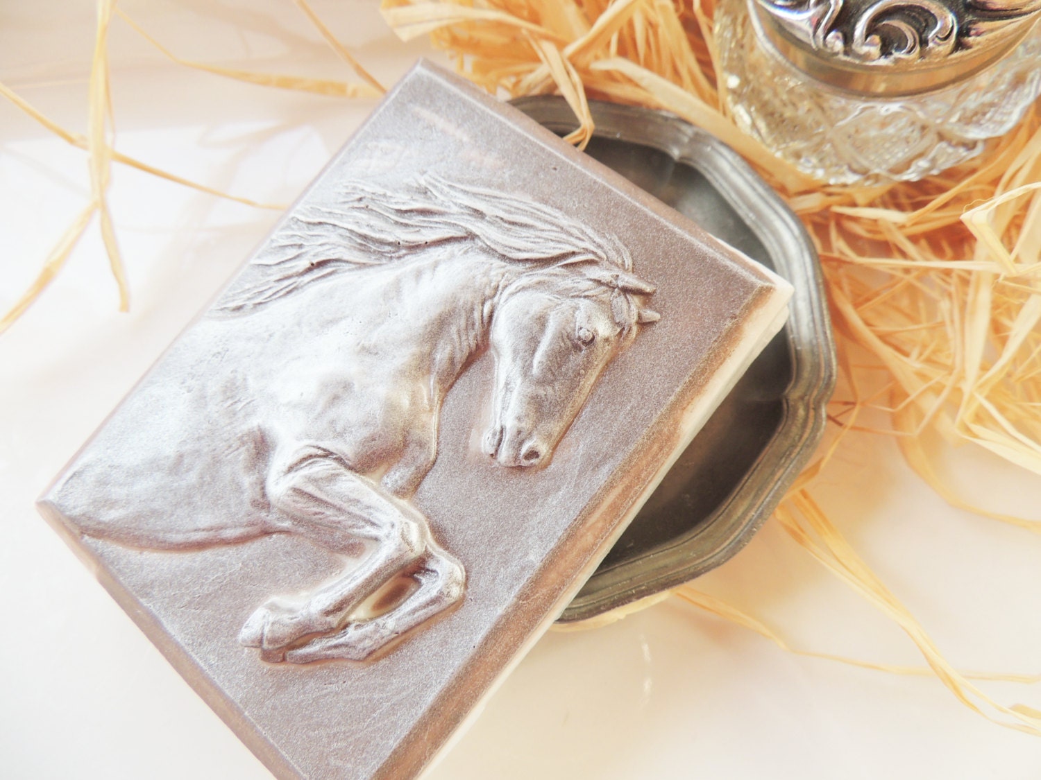 HORSE SOAP, Just Ride - Leather -Shimmered Horse Soap, Scented in Cool Citrus Basil, Vegetable Based, Handmade