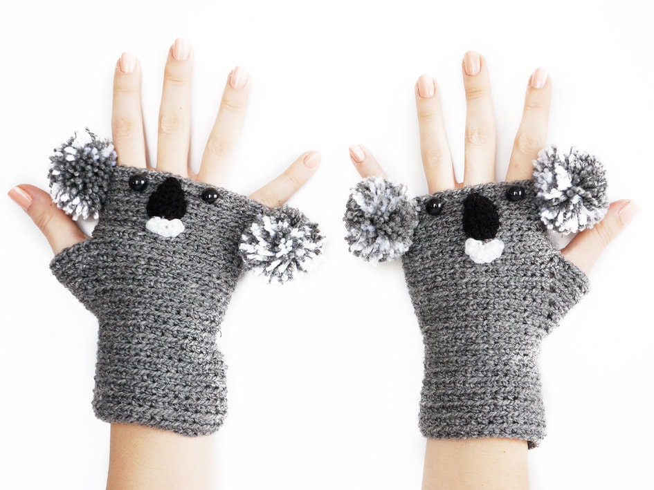 FREE SHIPPING // Handmade Grey Koala Fingerless Gloves with pompoms
