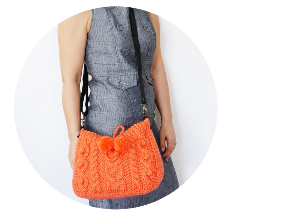 Orange Hand Knitted Messenger Bag with adjustable Black leather strap