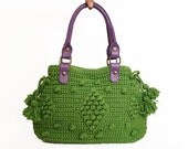 Green handbag - Celebrity Style With Purple Genuine Leather Straps / Handles
