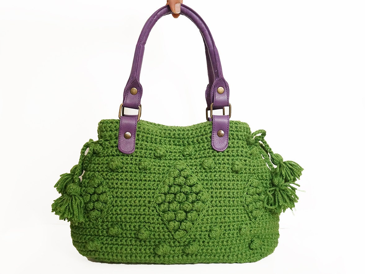 Green handbag - Celebrity Style With Purple Genuine Leather Straps / Handles